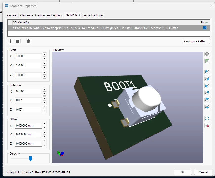 KiCad 3D view — STEP models placed and aligned